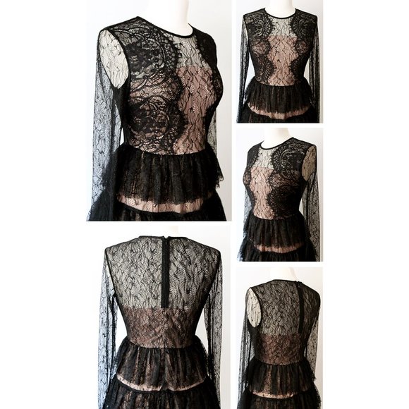 Black Lace Overlay Tiered Ruffle Romantic Dress - Picture 3 of 8